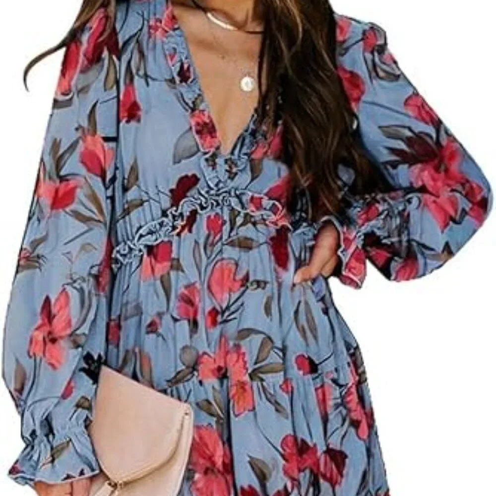 BLENCOT Womens Casual Boho Floral Printed Maxi Dress - Large - Picture 4 of 5